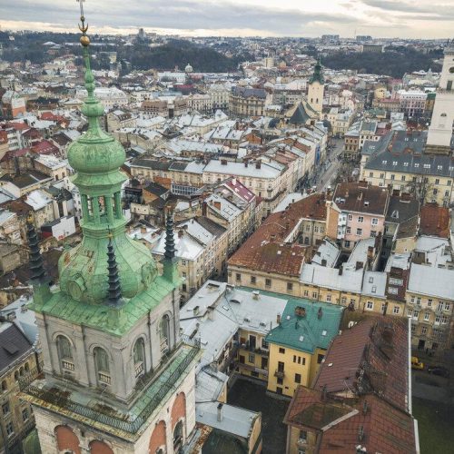 Aerial view of the historical center of Lviv, UNESCO's cultural heritage. Shooting with drone